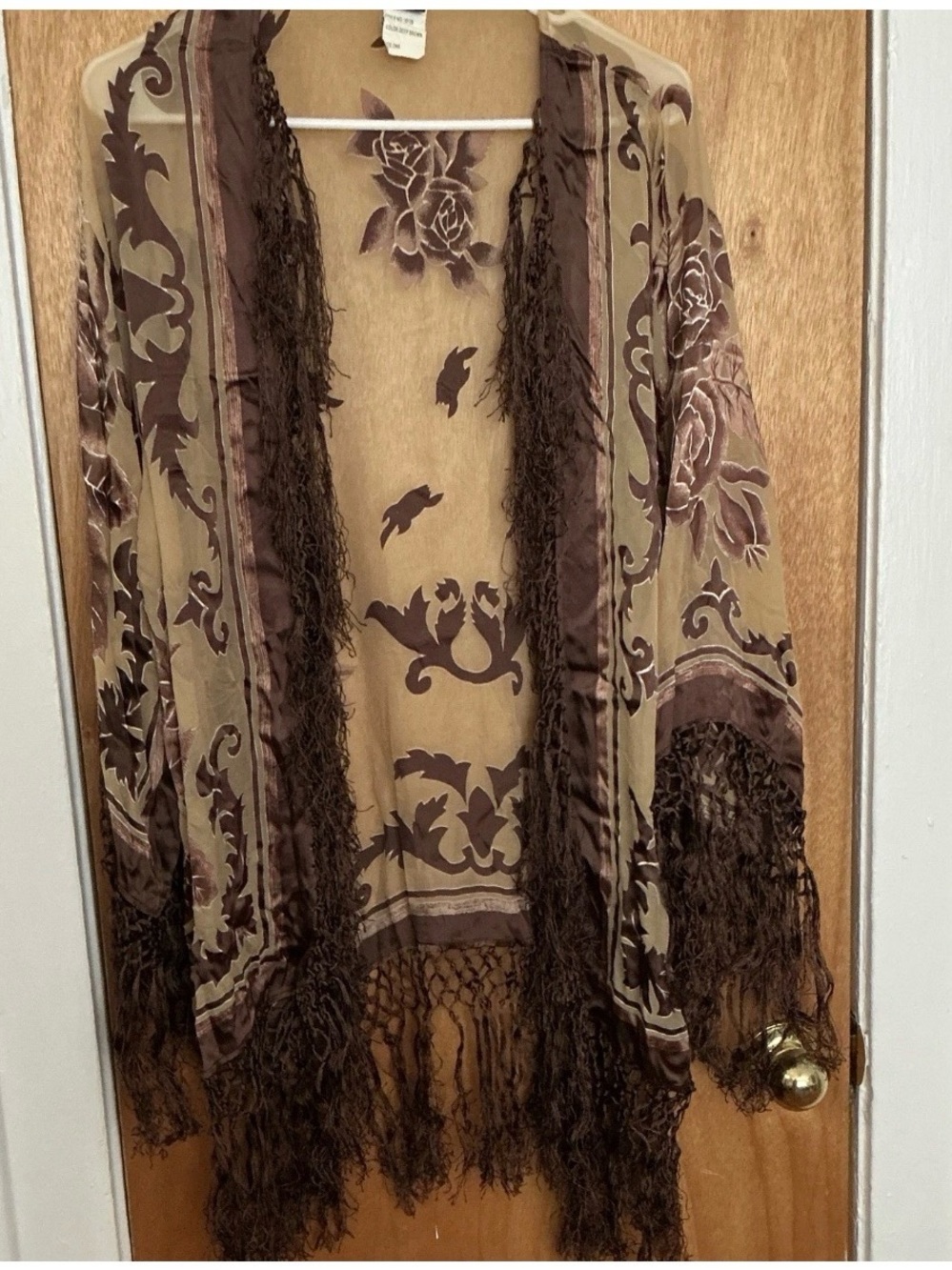 Brown Floral Fringe Shawl Cardigan -  Elegant Home Accent Wrap